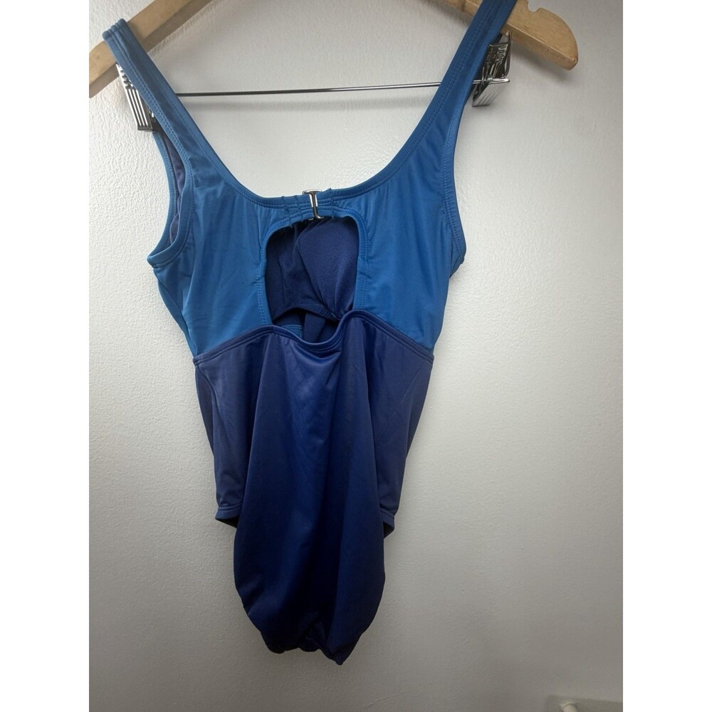 Women’s Blue Colorblock One Piece Swimsuit Front Knot Cutout Wide Strap - Picture 6 of 6